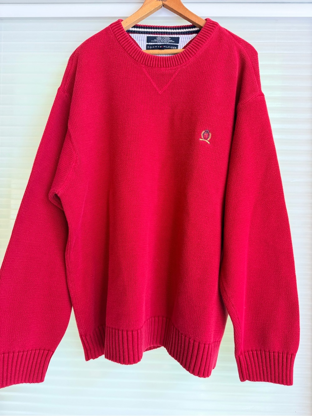 Tommy Hilfiger Men's Red Crewneck Sweater with Embroidered Logo